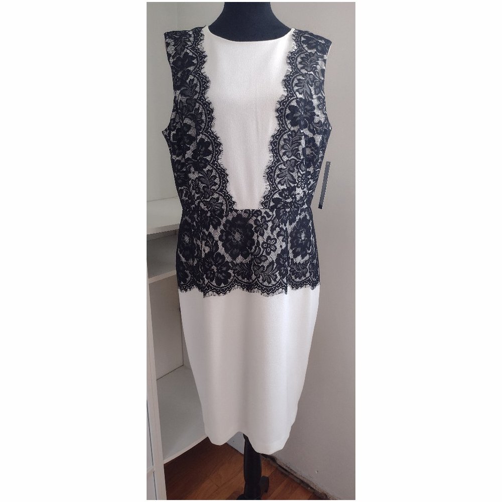 NWT Tahari Ivory White Sheath (Joelle) Dress with Black Lace Accents
